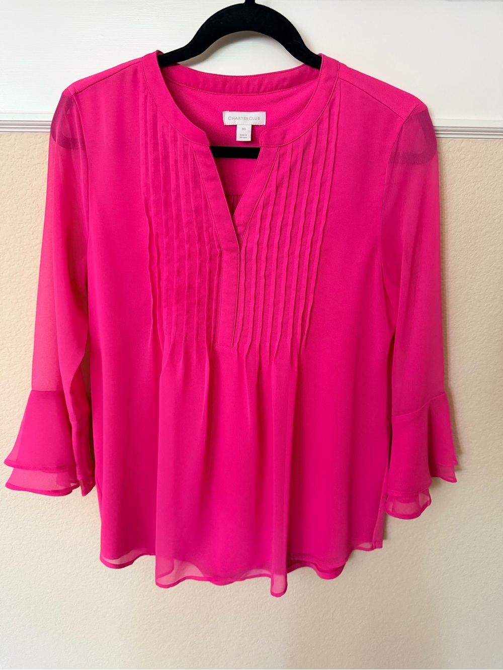 Charter Club Hot Pink Pintuck V-Neck Ruffle Sleeve Blouse